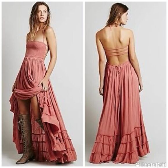 Smocked Flowy Pleated Backless Maxi Ruffle bodice halter boho Shabby Chic - Picture 1 of 13